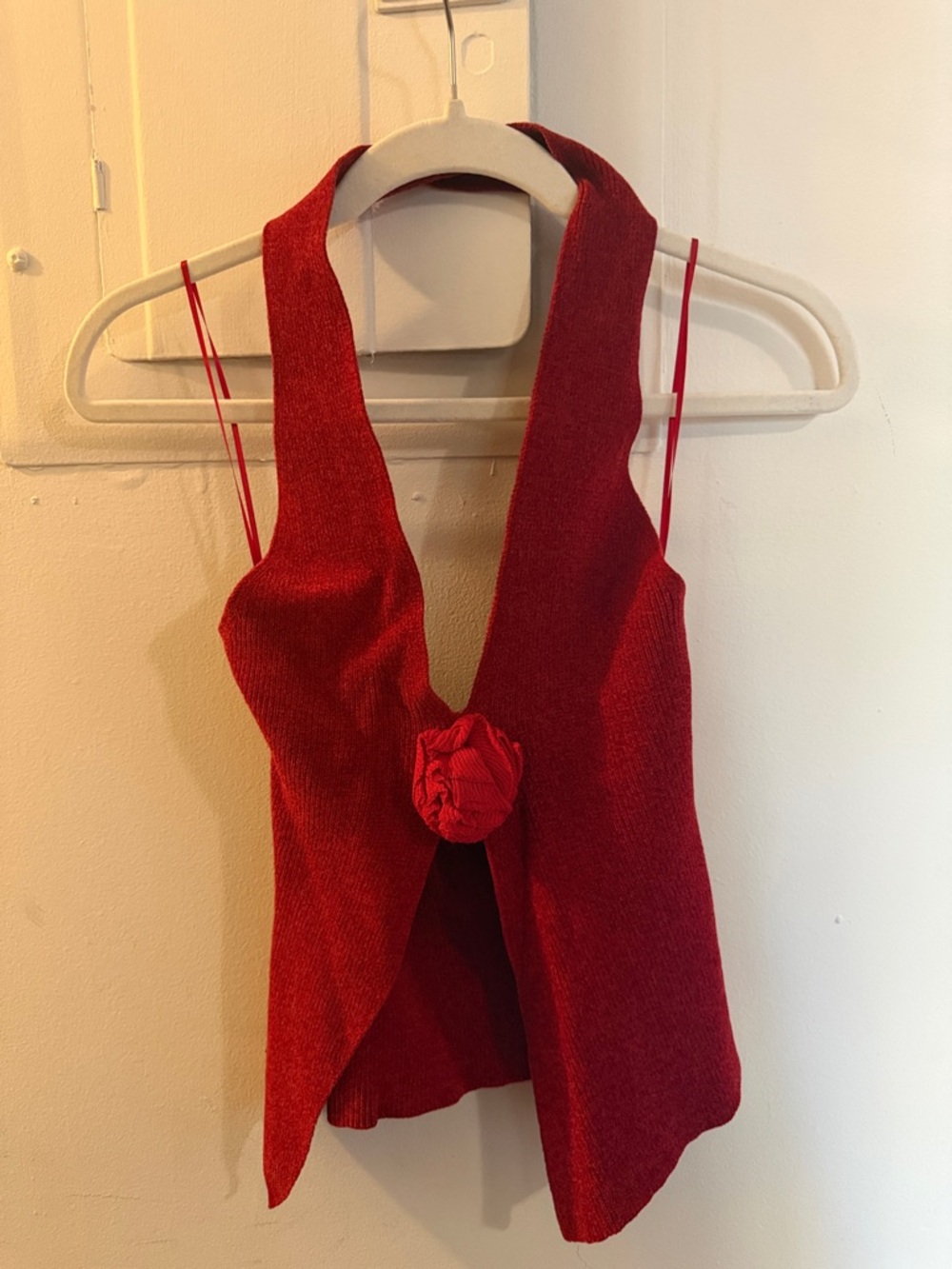 With Jean Red Halter Camisole with Front Rosette